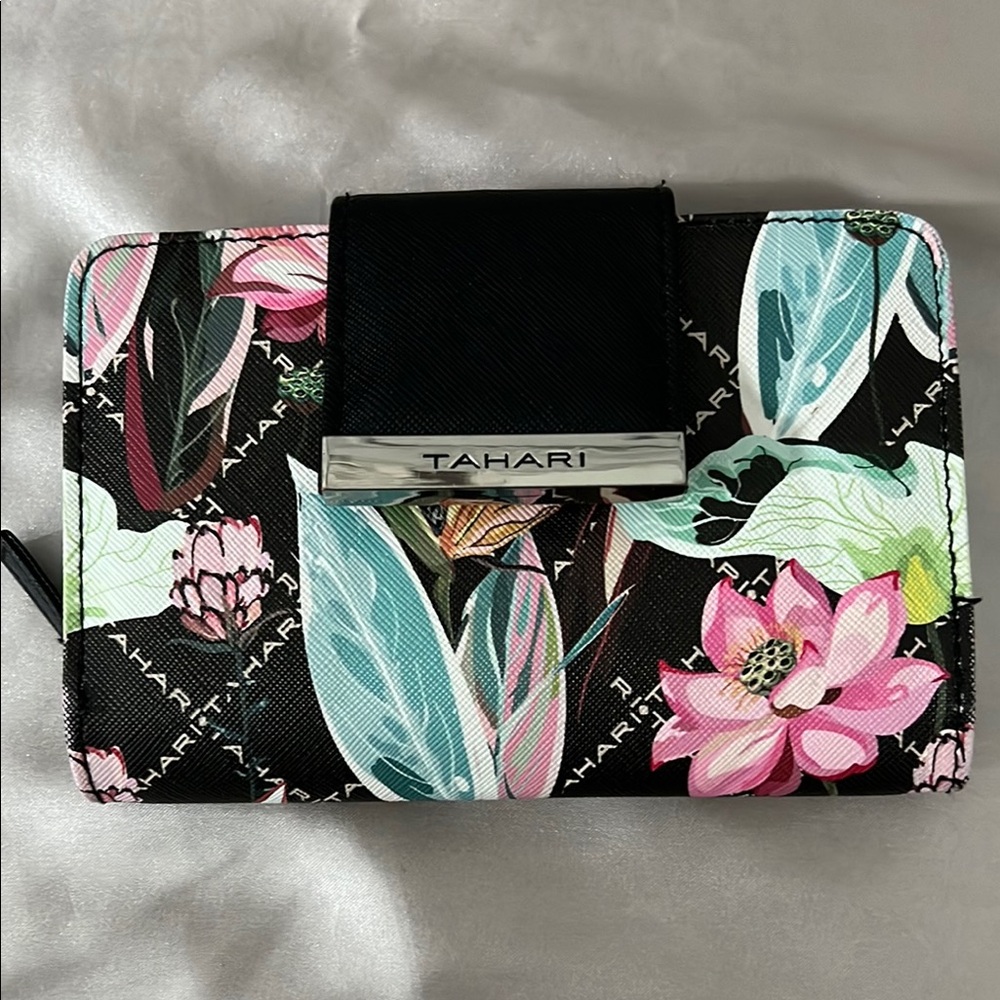 Tahari Black and Pink Floral Wallet